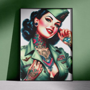 Póster Mujer militar tatuada vintage