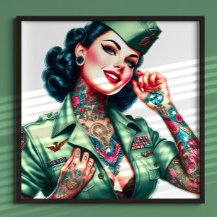 Póster Mujer militar tatuada vintage