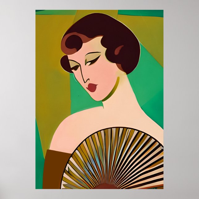 Póster Mujer moderna de estilo Art Deco con ventilador (Frente)