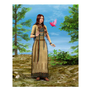 Póster Mujer Nativa Americana Arte de Bosque y Pájaro