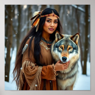 Póster Mujer nativa con su lobo