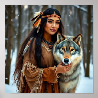 Póster Mujer nativa con su lobo