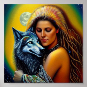 Póster Mujer nativa y lobo