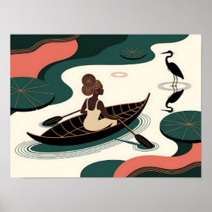 Póster Mujer Negra Abstracta Remando en Canoa