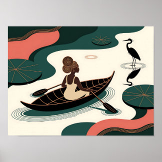 Póster Mujer Negra Abstracta Remando en Canoa