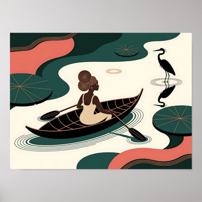 Póster Mujer Negra Abstracta Remando en Canoa (Frente)