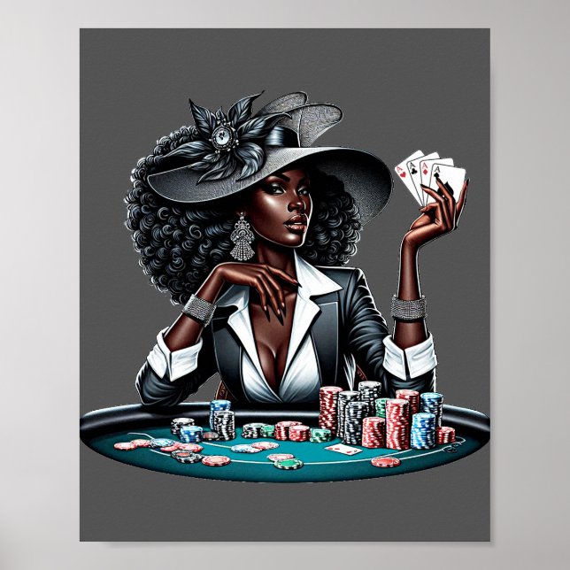 Póster Mujer negra apostando tarjetas de casino de póquer (Frente)