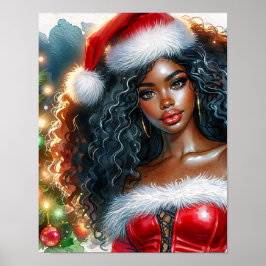 Póster Mujer Negra de Santa con Árbol de Navidad