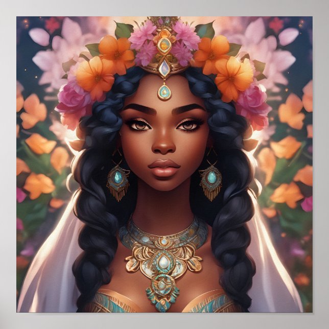 Póster Mujer negra hermosa con corona floral (Frente)