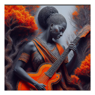 Póster Mujer negra joven tocando guitarra acústica