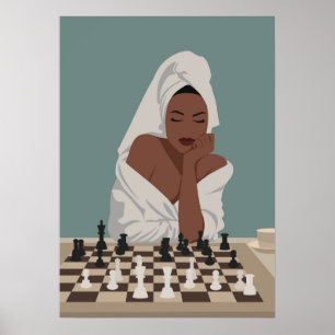 Póster Mujer negra jugando al ajedrez, estilo boho.