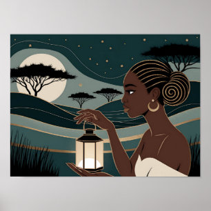 Póster Mujer negra sosteniendo una linterna por la noche