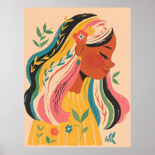 Póster Mujer Niña Lindo Boho Ilustración Floral