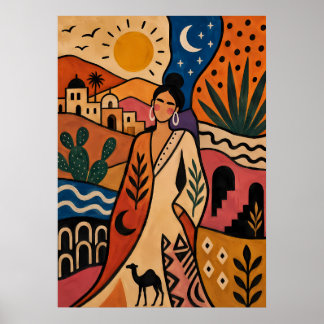 Póster Mujer Oasis marroquí día y noche 