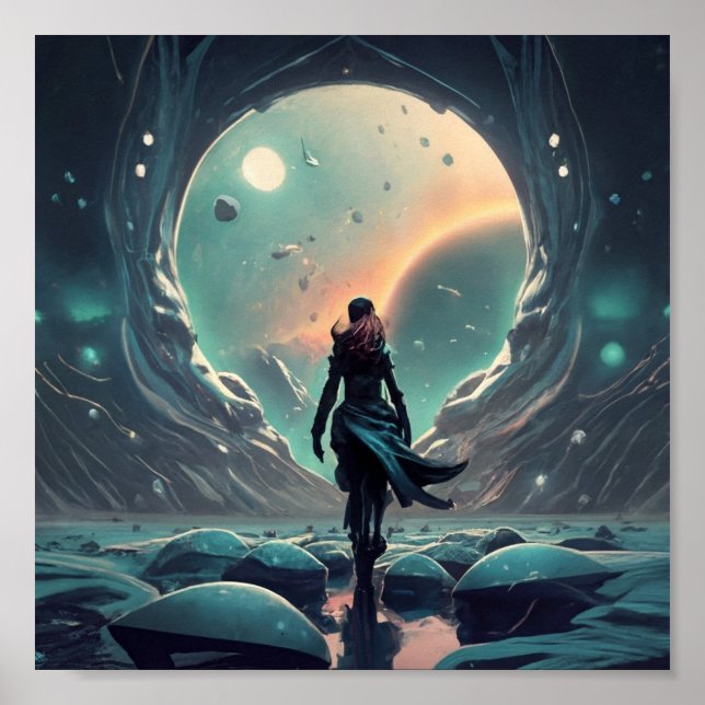 Póster Mujer parada en una cueva (Frente)