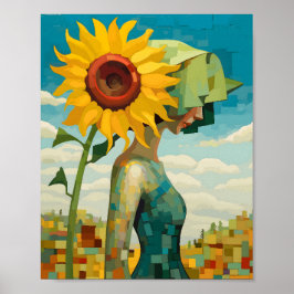 Póster Mujer Parada Junto A Un Gran Girasol