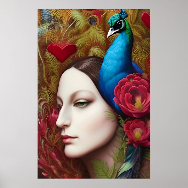 Póster Mujer, pavo real, flores rojas y corazón (Frente)