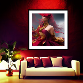 Póster Mujer pelirroja exótica fluyendo rojo Oro Abstract