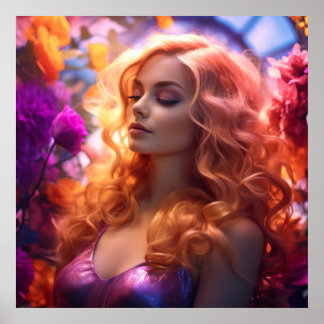 Póster Mujer pelirroja y flores