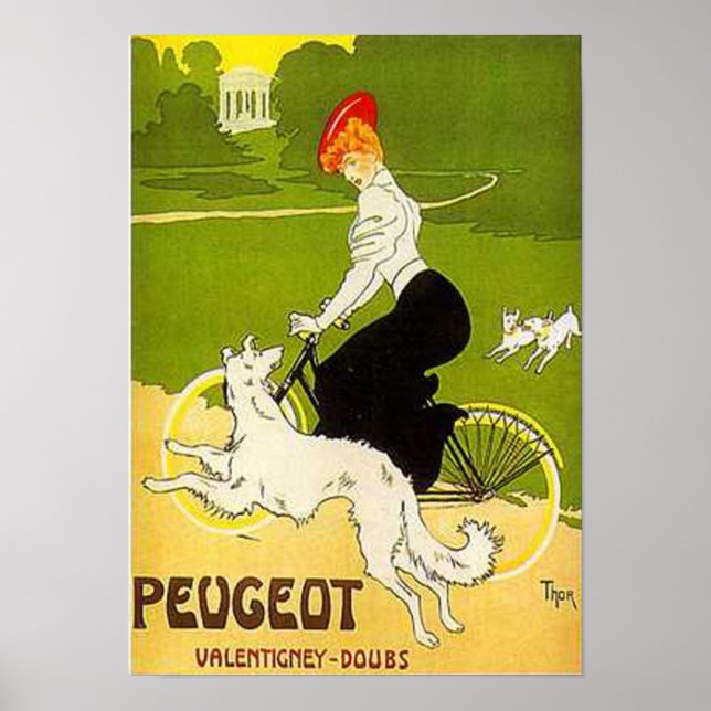 Póster Mujer Peugeot de época en bicicleta con rúnica de  (Frente)