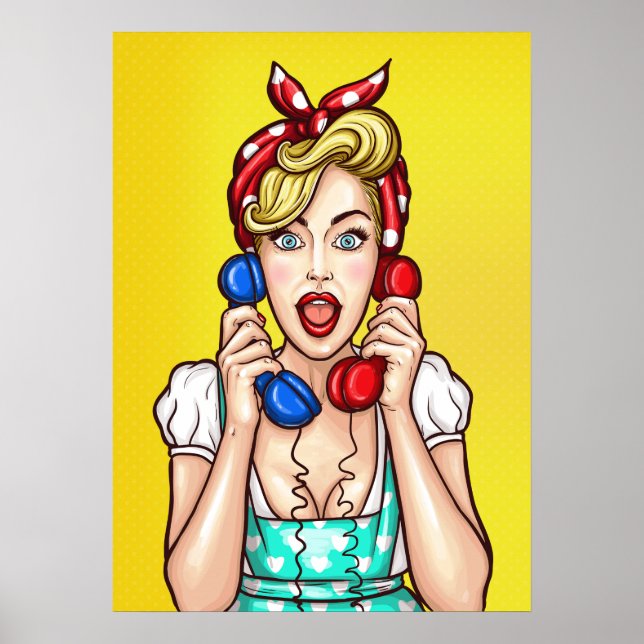 Póster Mujer pop artística en poster de dos teléfonos (Frente)