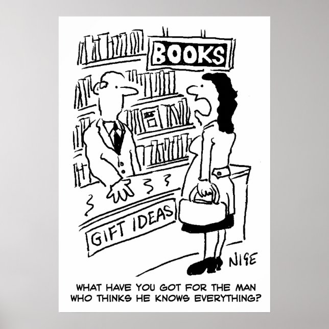 Póster Mujer pregunta en una librería. Librería divertida (Frente)