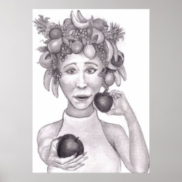 Póster Mujer que Lleva un Sombrero Hecho de Frutas Ofreci