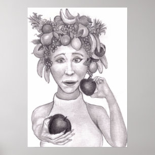 Póster Mujer que Lleva un Sombrero Hecho de Frutas Ofreci