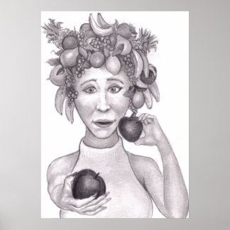 Póster Mujer que Lleva un Sombrero Hecho de Frutas Ofreci