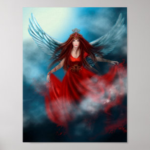 Póster Mujer reina con alas vestidas de rojo en las nubes