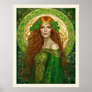 Póster Mujer retrato Shamrock Green Gold Celtic Knot