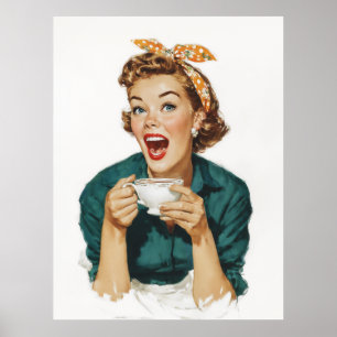 Póster Mujer Retro Alegre Disfrutando Café