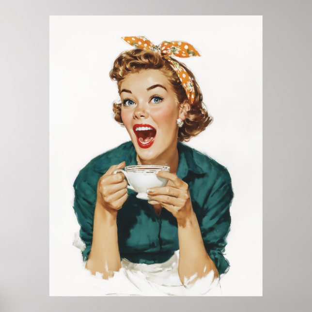 Póster Mujer Retro Alegre Disfrutando Café (Frente)