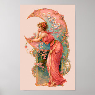 Póster Mujer Retro Art Nouveau y Luna Creciente