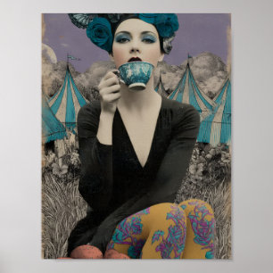 Póster Mujer Retro Bebe Té en el Circo