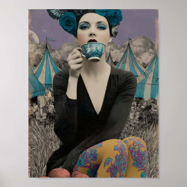 Póster Mujer Retro Bebe Té en el Circo (Frente)