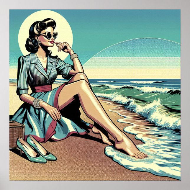 Póster Mujer retro de los años 50 sentada en la playa (Frente)