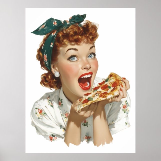 Póster Mujer Retro Disfrutando Rebanada de Pizza (Frente)