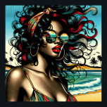 Póster Mujer Retro en Playa Estilo Cómic Pop Art<br><div class="desc">Hermosa mujer afroamericana retro en bikini sentada en la playa con gafas de sol en colores vintage en un estilo de arte pop cómic.</div>