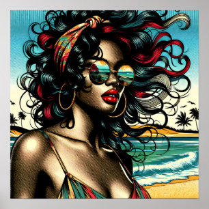 Póster Mujer Retro en Playa Estilo Cómic Pop Art