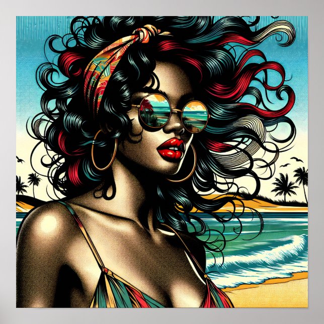 Póster Mujer Retro en Playa Estilo Cómic Pop Art (Frente)