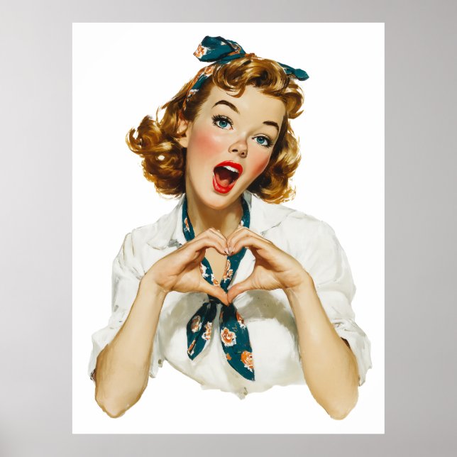 Póster Mujer Retro Haciendo un Gestos de Corazón (Frente)