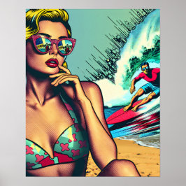 Póster Mujer retro rubia y hombre surfista