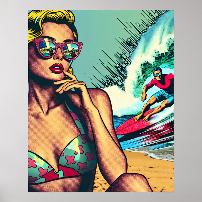 Póster Mujer retro rubia y hombre surfista (Frente)