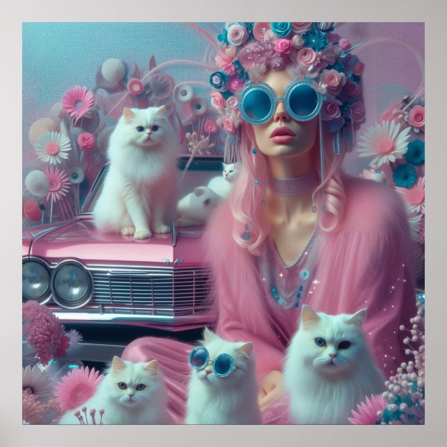 Póster Mujer retro vintage con gatos blancos (Frente)