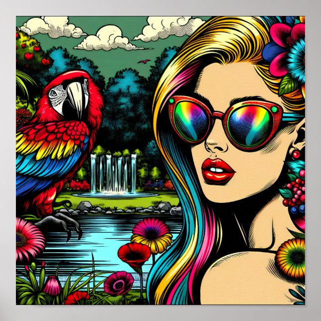 Póster Mujer Retro y Loro en el Parque Pop Art (Frente)