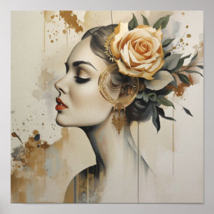 Póster Mujer Rosa Melocotón Perfil Retrato