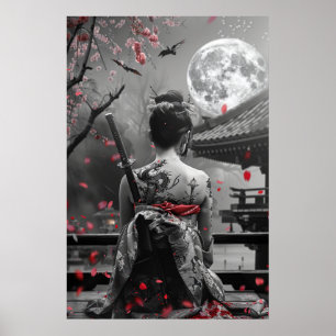 Póster Mujer samurái japonesa con tatuaje bajo luna llena