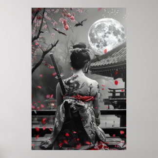 Póster Mujer samurái japonesa con tatuaje bajo luna llena