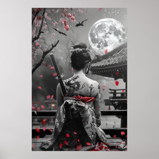 Póster Mujer samurái japonesa con tatuaje bajo luna llena (Frente)